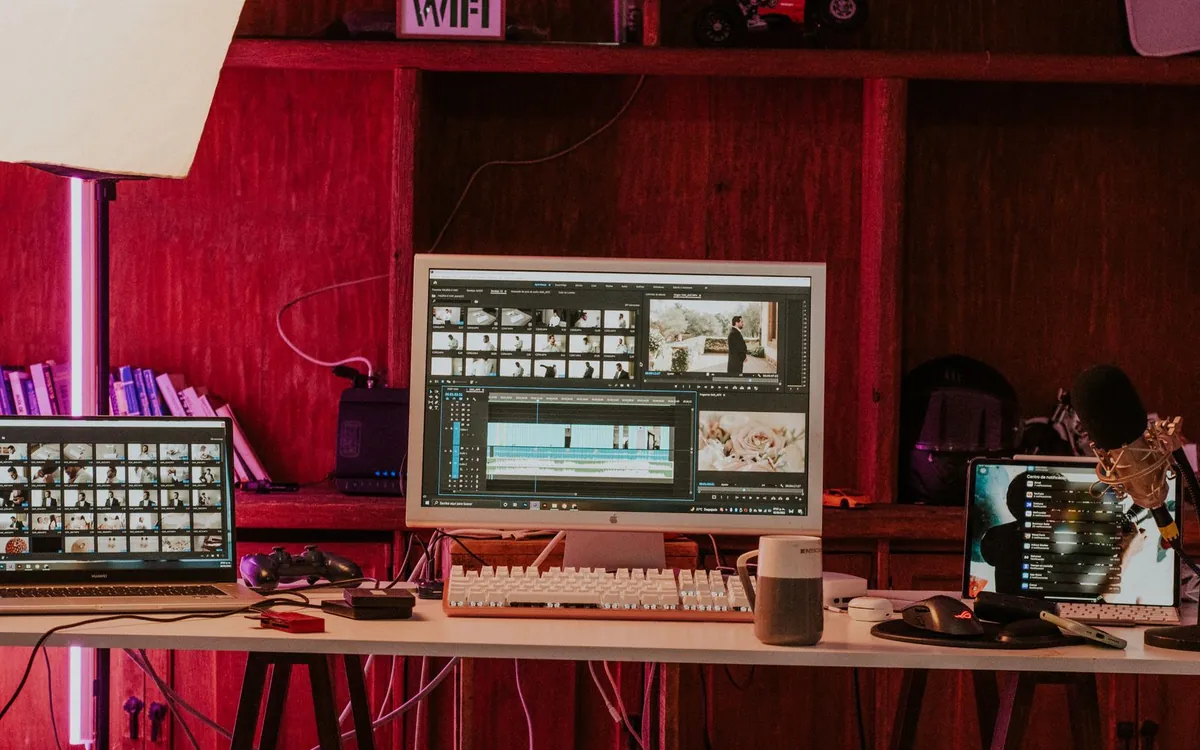 An editing desk with monitors and a keyboard