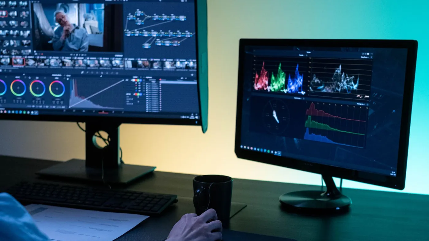 A video editor working across two colour-graded monitors